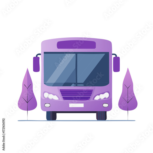 Front View of Purple Bus with Two Trees Vehicle Transportation Travel Ride Share Service