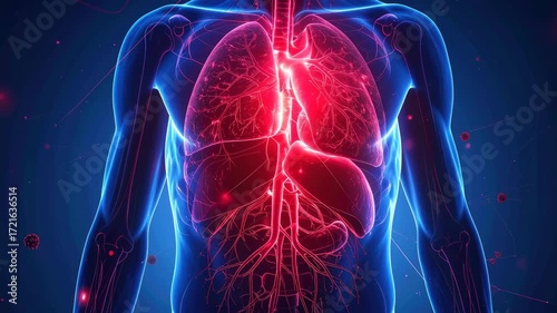 A detailed medical illustration showcases the intricate human respiratory system and the circulatory system, revealing the inner workings of the body.