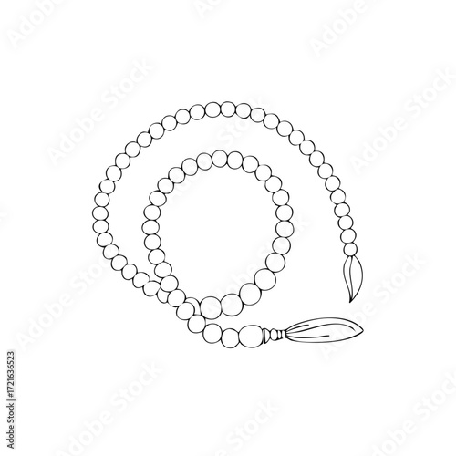 Traditional prayer beads spiritual rosary with tassel line art illustration for meditation and devotion
