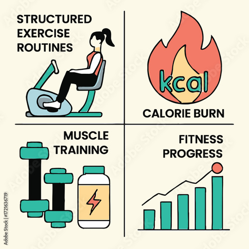 Four-panel fitness illustration featuring cardio workout, calorie burn icon, dumbbells with supplements, and progress chart. Perfect for gym, health, wellness, and weight loss content.