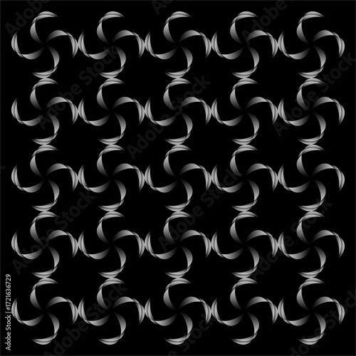 Curved silver blades whirl in endless repetition across black void, weaving illusions of movement, symmetry, rhythm, depth, energy, balance, and mystery.