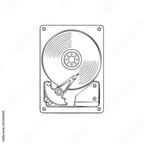 Detailed line drawing illustration of a computer hard drive platter and read-write arm