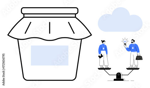 Large jar beside a balanced seesaw with two people discussing ideas. Ideal for business ethics, balance, teamwork, brainstorming, decision-making, trade-offs, flexibility. Simple flat metaphor