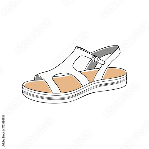 Stylish summer platform sandal with an ankle strap vector line art illustration