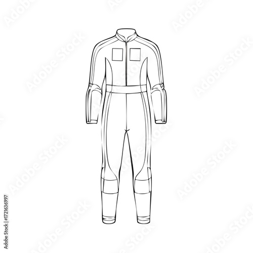 Detailed line art illustration of a sleek one-piece athletic racing suit with distinctive paneling and a zippered front