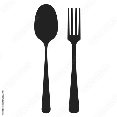 Black Silhouette Spoon and Fork Dining Utensils Isolated on White.