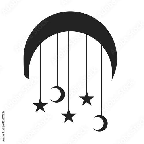 Celestial Mobile with Hanging Crescent Moons and Stars.