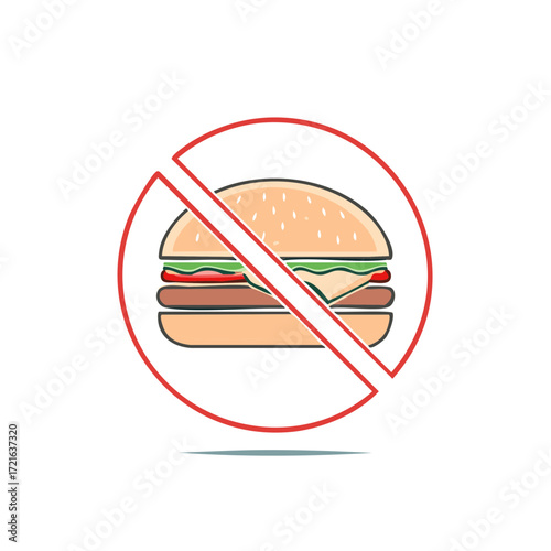 Vivid red prohibition sign blocking a tasty hamburger symbolizing diet restrictions unhealthy eating and fast food warning