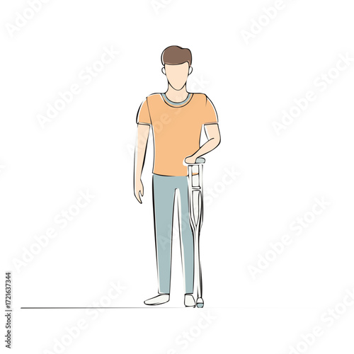 Line art drawing of a man using crutches, supporting with one arm for mobility assistance, healthcare, and disability themes