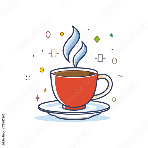 Vibrant Red Coffee Cup with Steam and Playful Decorative Elements