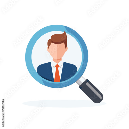 Vector Illustration: Man in Suit Under Magnifying Glass Depicts Hiring, Research, and Recruitment