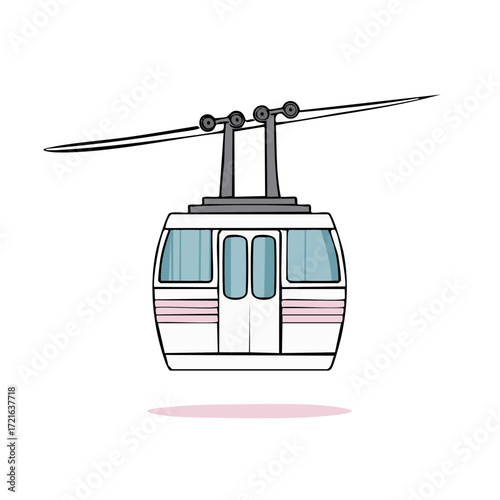 Whimsical white and blue cable car gondola cabin illustration suspended by cable