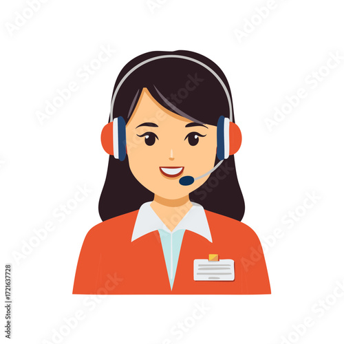 Friendly female call center operator with headset providing customer service and support vector icon