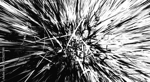 Dynamic black and white abstract explosion background. Monochrome shattered glass effect with sharp radiating lines and speed motion blur.