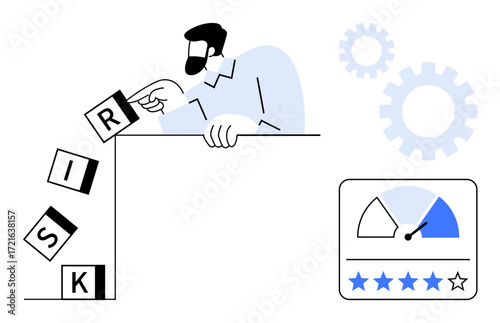 Man stopping falling risk blocks, gears signifying process, rating gauge. Ideal for decision-making, risk management, business strategy, prevention, leadership, evaluation simple flat metaphor