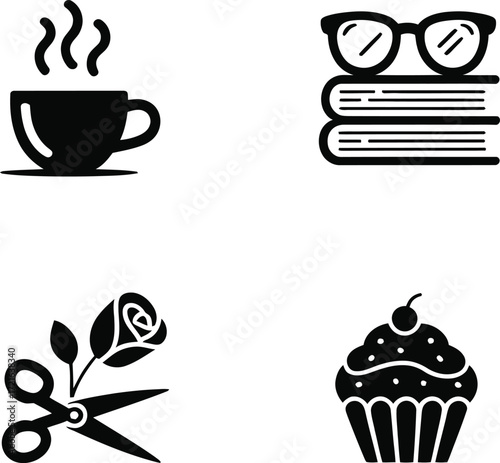 Lifestyle Zone Icon Set – Black & White Vectors of Coffee Corner, Book Nook, Floral Finds & Tasty Treats