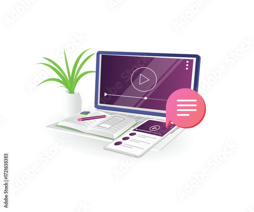 Online Learning Illustration with Laptop and mobile
