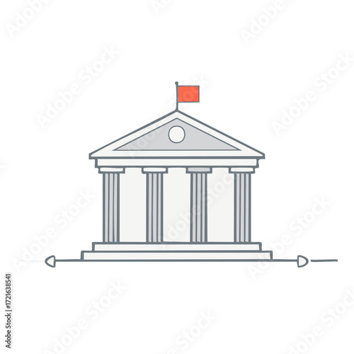 Minimalist line art illustration of a classical public building with columns and a flag