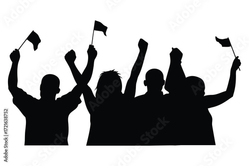 Silhouette of energetic crowd cheering isolated on white background