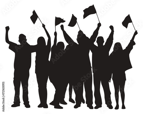Silhouette of cheering crowd with flags isolated on white background