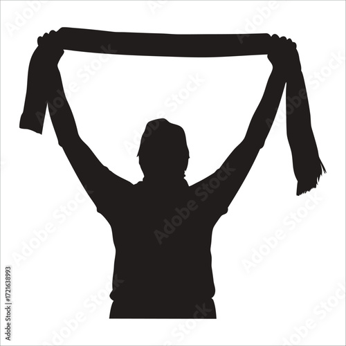 Silhouette of sports fan holding scarf above head isolated on white background