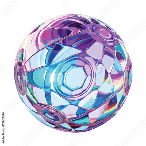 Transparent Geometric Sphere with Iridescent and Colorful Facets on White Background vector illustration