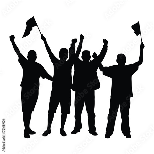 silhouette of cheering sports fans with flags isolated on white background 