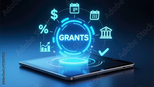 Wallpaper Mural Digital illustration of a glowing holographic interface emerging above a tablet device, word 'GRANTS' at center is displayed in bold text within a circular neon-blue hub. Torontodigital.ca