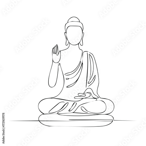 Line art illustration of a seated Buddha in meditation, raising hand