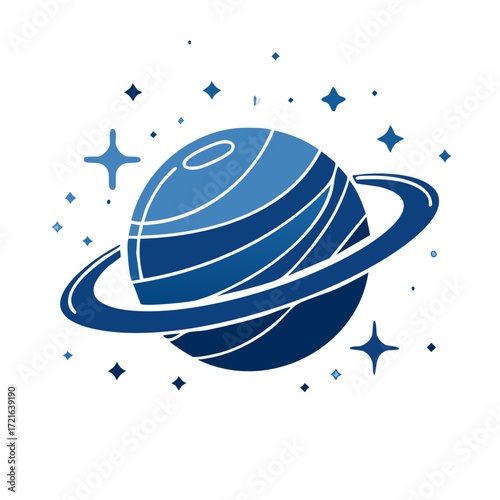 Stylized Blue Planet with Rings and Stars Graphics Cosmic Sky Illustration Outer Space Celestial Body Isolated