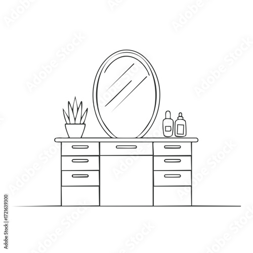 Minimalist line art of a bedroom vanity table with an oval mirror, cosmetics, and a plant sketch illustration
