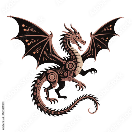 Steampunk dragon with mechanical wings and body, detailed gears and rivets, isolated on white background technology background