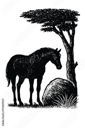 Silhouette of a solitary horse standing under a large acacia tree on a grassy savanna