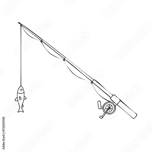 Minimalist fishing rod and reel with a caught fish outline drawing
