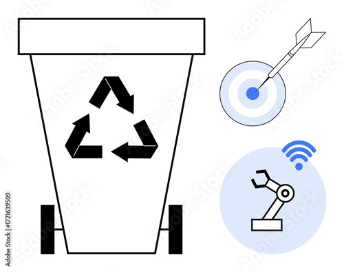 Recycling bin with triangular arrows symbol, robotic automation arm with wireless connectivity, and dart on a bullseye target. Ideal for sustainability, technology, precision, waste sorting