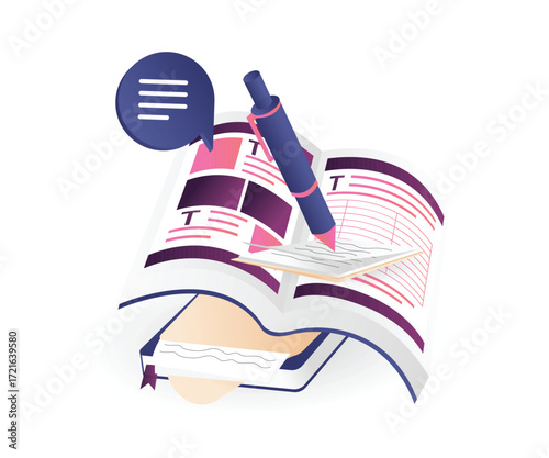 Isometric Open Book with Pen and Speech Bubble
