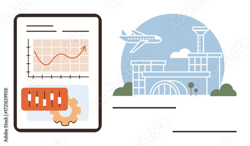 Data analytics with charts and graphs beside an airport terminal and plane, symbolizing industry growth. Ideal for aviation, business growth, logistics, transportation, trade, decision-making. Simple