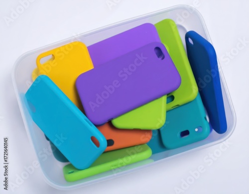 Assortment of colorful silicone phone cases in clear plastic container on white background