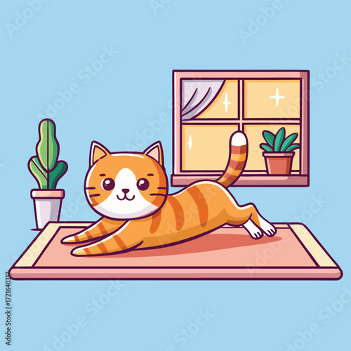 Cute cartoon orange tabby cat doing yoga stretch on a rug near a window vector