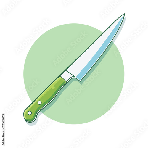 Illustrated Green Handle Kitchen Knife with Sharp Blade Against Light Green Circle