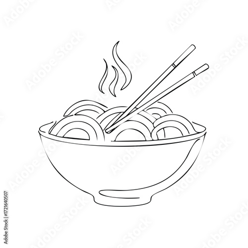 Steaming hot noodles in a bowl with chopsticks, traditional Asian cuisine line art illustration