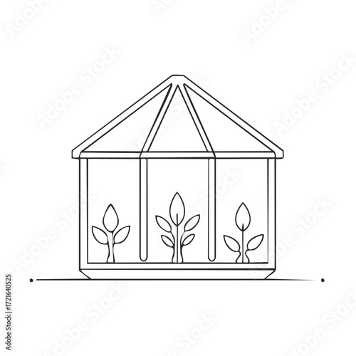 Minimalist outline illustration of a greenhouse with three small plants growing inside