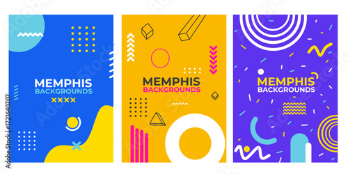 Vibrant, playful Memphis-style backgrounds for posters, covers, and graphic design projects. EPS vector background set. 