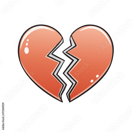 Cartoon illustration of a broken red heart with a jagged crack separation for heartache or divorce concept