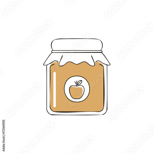 Simple line art illustration of a homemade apple jam jar with a fruit label