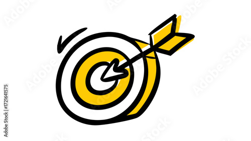 Vibrant hand-drawn bullseye target with an arrow striking the exact center, symbolizing successful goal achievement, strategic accuracy, and focused ambition for any project