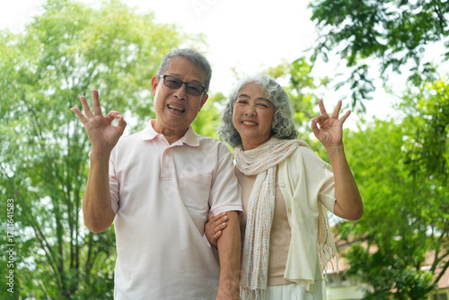 Happy Asian Senior Couple Relaxing Together in Park with Wheelchair