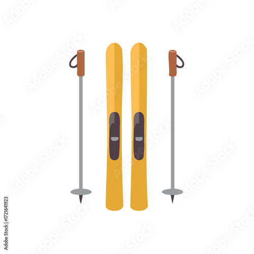 Yellow skis and ski poles winter sports equipment vector illustration