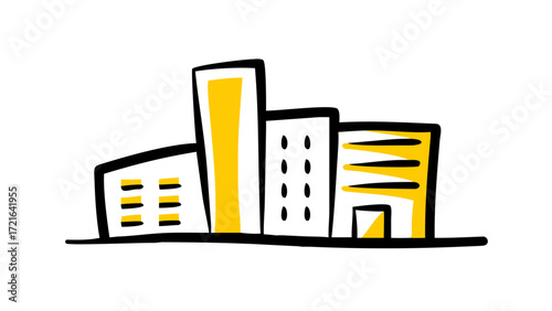 Stylized illustration of modern city buildings with yellow accents and a clean white background