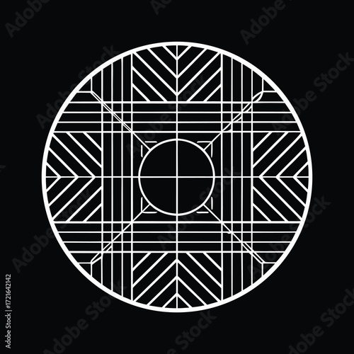 White geometric circular mandala design on a black background vector illustration